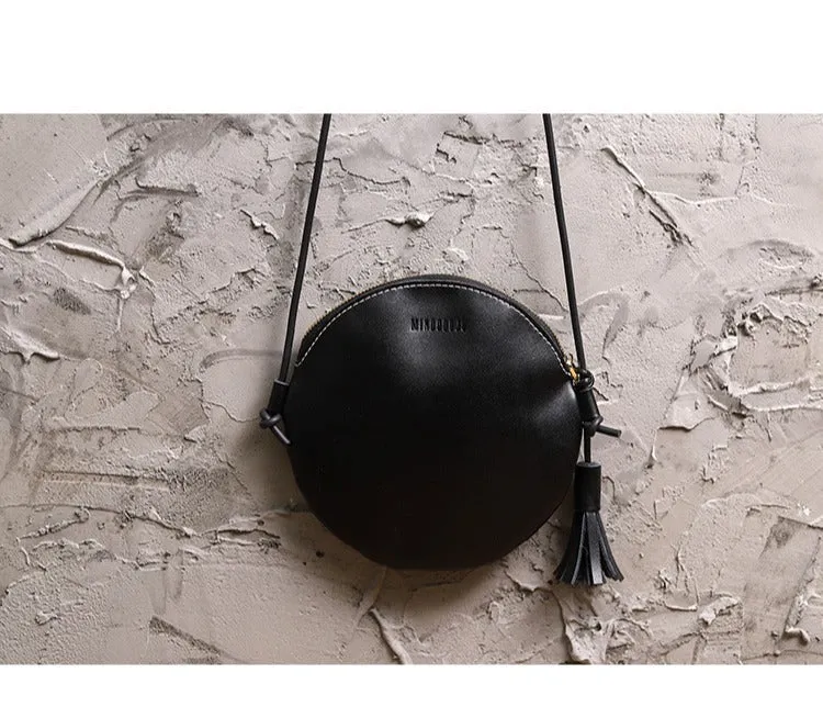 Cute Round LEATHER Slim Side Bag Brown WOMEN Circle SHOULDER BAG Small Crossbody Purse FOR WOMEN