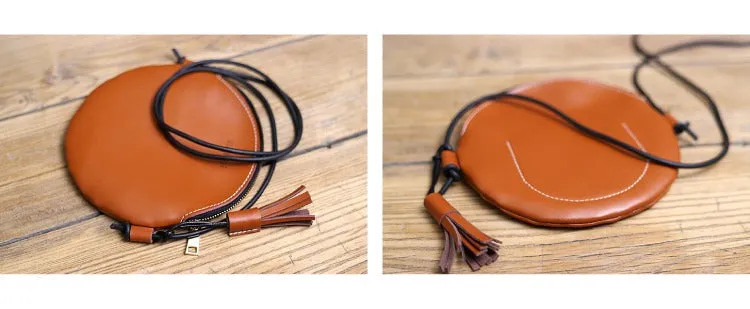 Cute Round LEATHER Slim Side Bag Brown WOMEN Circle SHOULDER BAG Small Crossbody Purse FOR WOMEN