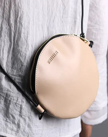Cute Round LEATHER Slim Side Bag Brown WOMEN Circle SHOULDER BAG Small Crossbody Purse FOR WOMEN