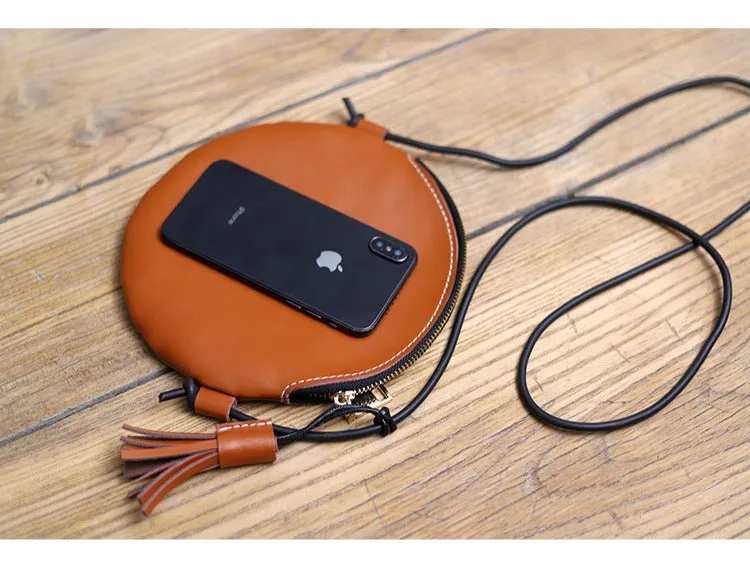 Cute Round LEATHER Slim Side Bag Brown WOMEN Circle SHOULDER BAG Small Crossbody Purse FOR WOMEN