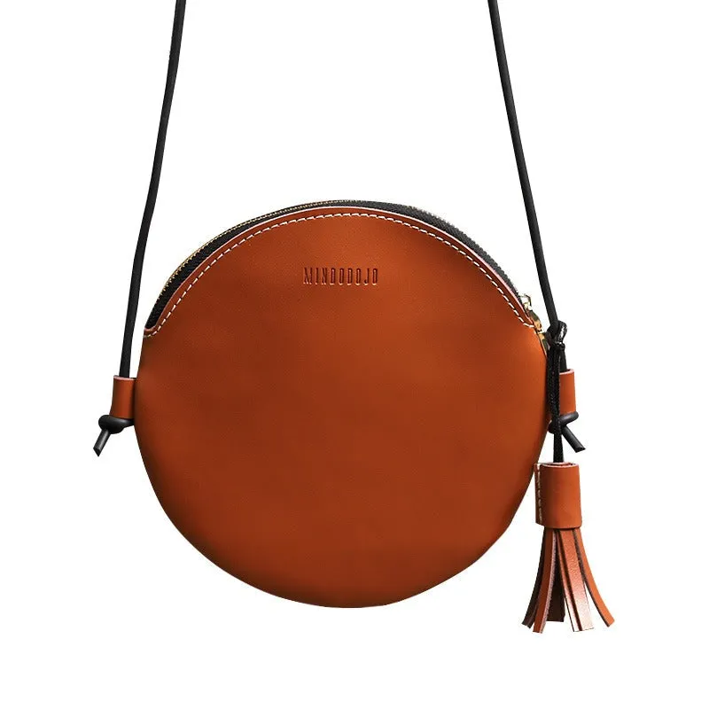 Cute Round LEATHER Slim Side Bag Brown WOMEN Circle SHOULDER BAG Small Crossbody Purse FOR WOMEN