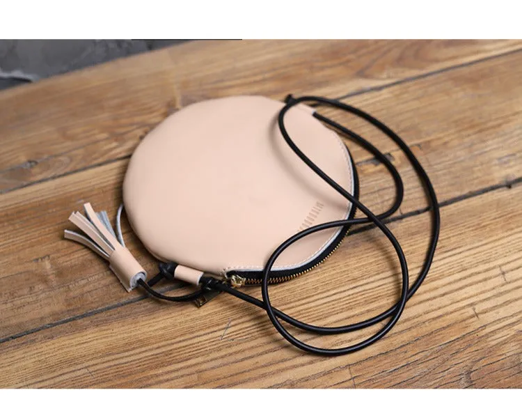 Cute Round LEATHER Slim Side Bag Brown WOMEN Circle SHOULDER BAG Small Crossbody Purse FOR WOMEN
