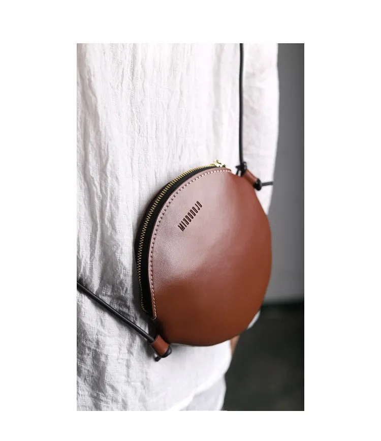 Cute Round LEATHER Slim Side Bag Brown WOMEN Circle SHOULDER BAG Small Crossbody Purse FOR WOMEN