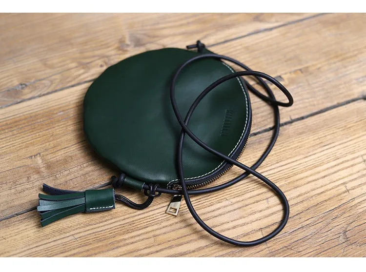 Cute Round LEATHER Slim Side Bag Coffee WOMEN Circle SHOULDER BAG Small Crossbody Purse FOR WOMEN