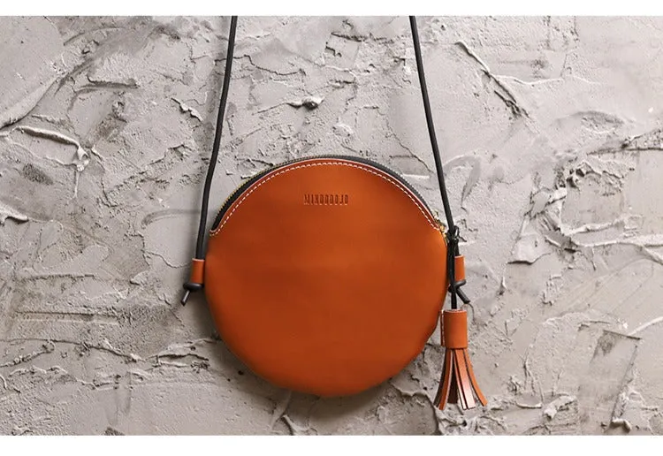Cute Round LEATHER Slim Side Bag Coffee WOMEN Circle SHOULDER BAG Small Crossbody Purse FOR WOMEN