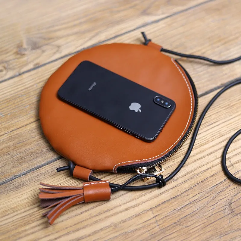 Cute Round LEATHER Slim Side Bag Coffee WOMEN Circle SHOULDER BAG Small Crossbody Purse FOR WOMEN