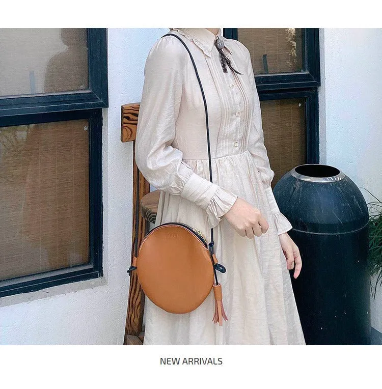 Cute Round LEATHER Slim Side Bag Coffee WOMEN Circle SHOULDER BAG Small Crossbody Purse FOR WOMEN