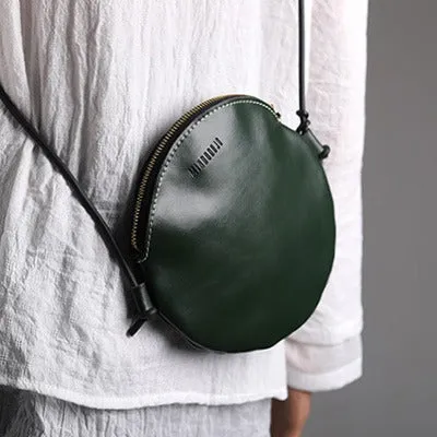 Cute Round LEATHER Slim Side Bag Coffee WOMEN Circle SHOULDER BAG Small Crossbody Purse FOR WOMEN