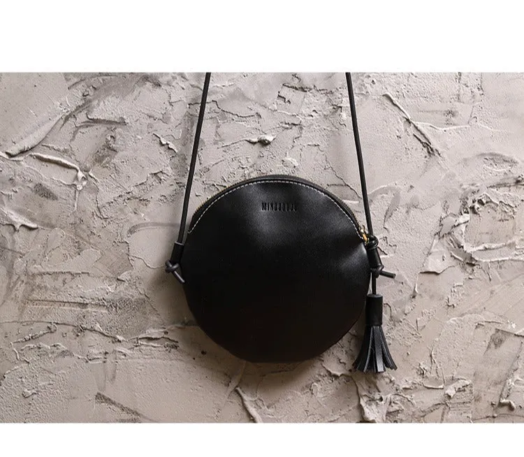 Cute Round LEATHER Slim Side Bag Coffee WOMEN Circle SHOULDER BAG Small Crossbody Purse FOR WOMEN