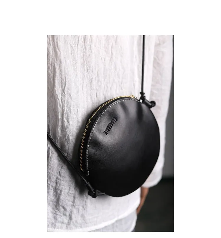 Cute Round LEATHER Slim Side Bag Coffee WOMEN Circle SHOULDER BAG Small Crossbody Purse FOR WOMEN