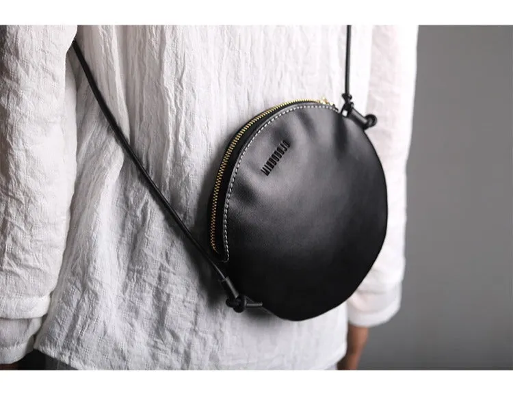 Cute Round LEATHER Slim Side Bag Coffee WOMEN Circle SHOULDER BAG Small Crossbody Purse FOR WOMEN
