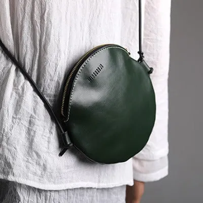 Cute Round LEATHER Slim Side Bag Green WOMEN Circle SHOULDER BAG Small Crossbody Purse FOR WOMEN