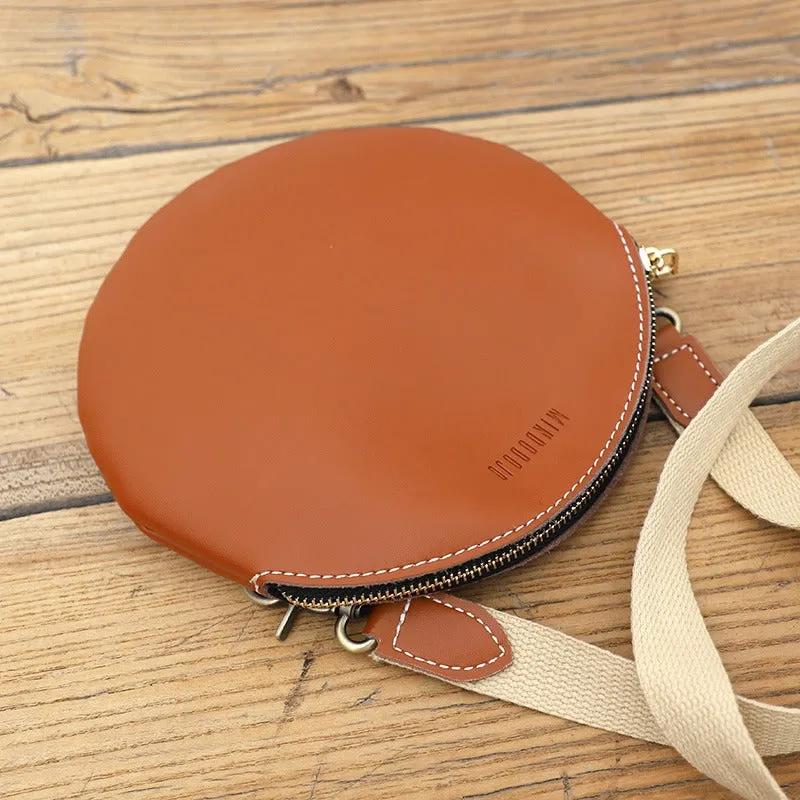 Cute Round LEATHER Small Side Bag Coffee WOMEN Circle SHOULDER BAG Small Crossbody Purse FOR WOMEN