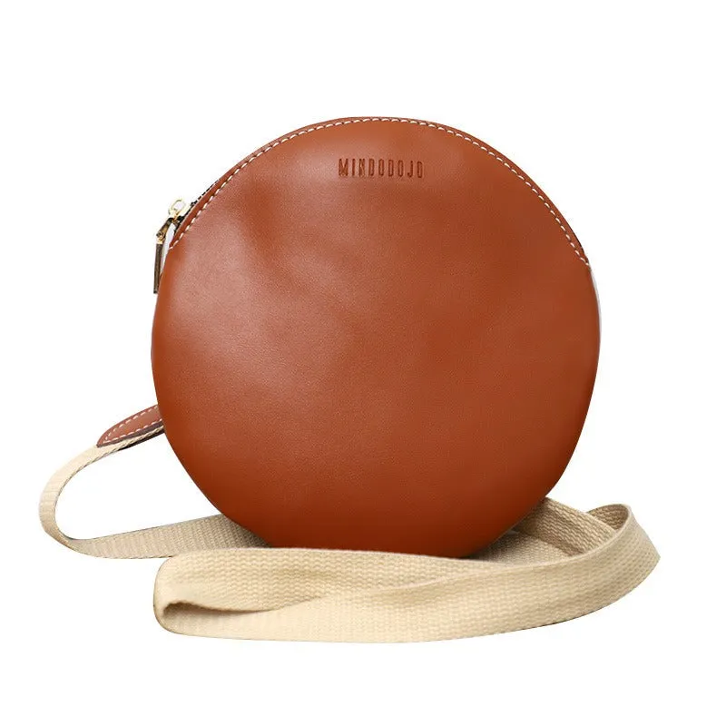 Cute Round LEATHER Small Side Bag Coffee WOMEN Circle SHOULDER BAG Small Crossbody Purse FOR WOMEN