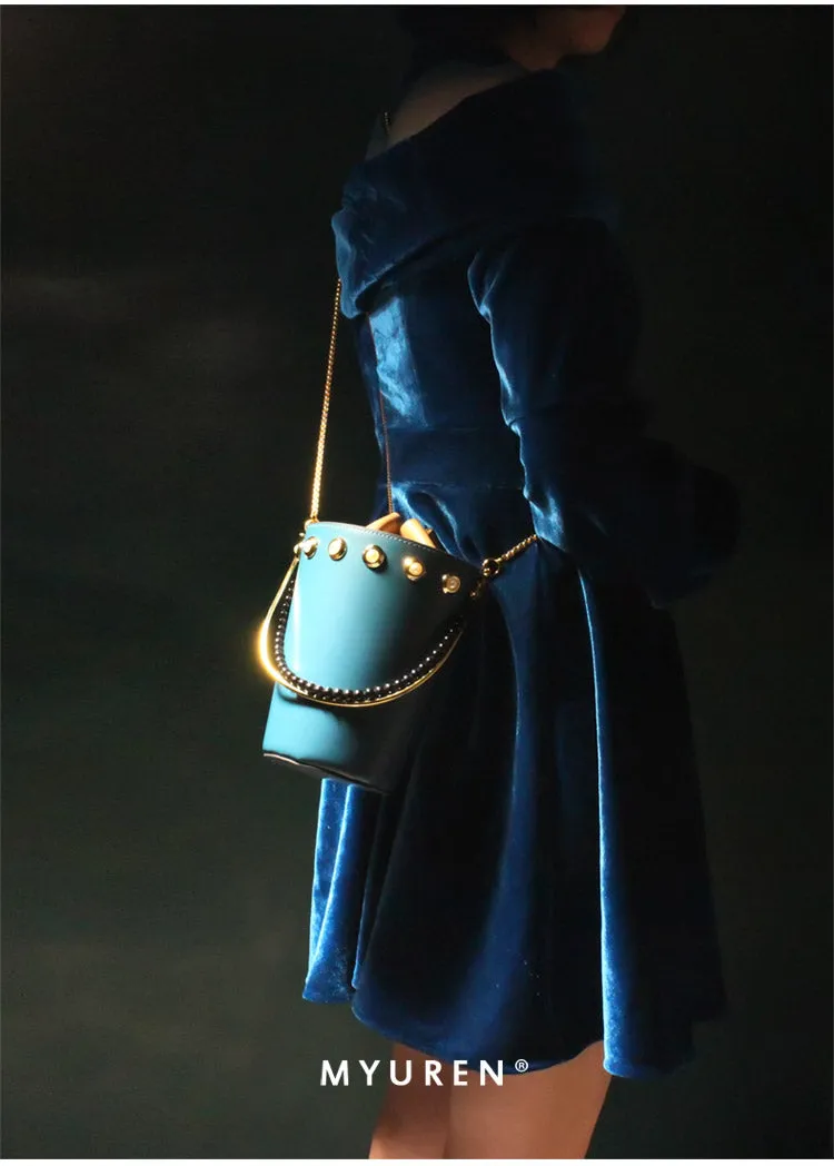 Cute Womens Black Leather Barrel Chain Crossbody Purse Bucket Round Chain Shoulder Bag for Women