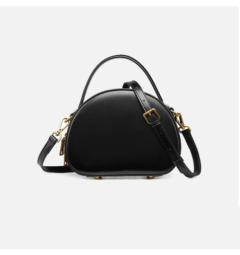 Cute Womens Black Leather Half Round Crossbody Purse Handbag Round Black Shoulder Bag for Women