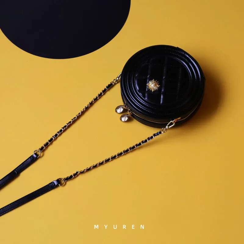 Cute Womens Black Leather Round Crossbody Purse Round Black Chain Shoulder Bag for Women