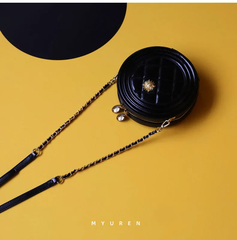 Cute Womens Black Leather Round Crossbody Purse Round Black Chain Shoulder Bag for Women