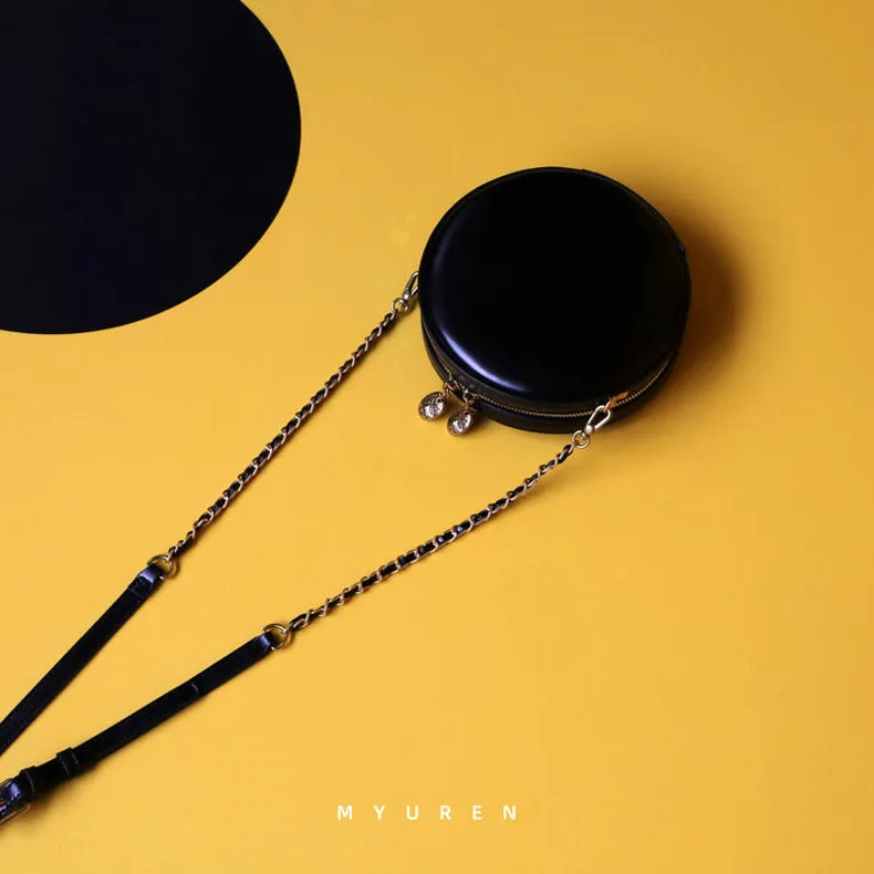 Cute Womens Black Leather Round Crossbody Purse Round Black Chain Shoulder Bag for Women