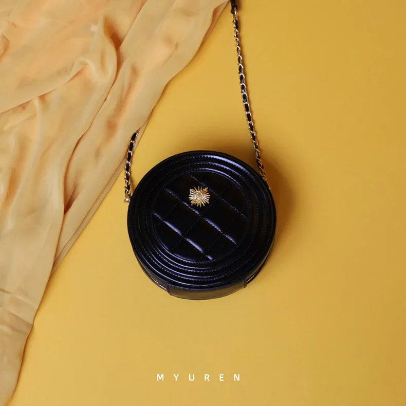 Cute Womens Black Leather Round Crossbody Purse Round Black Chain Shoulder Bag for Women
