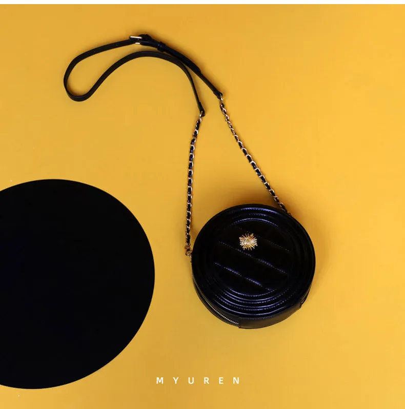 Cute Womens Black Leather Round Crossbody Purse Round Black Chain Shoulder Bag for Women