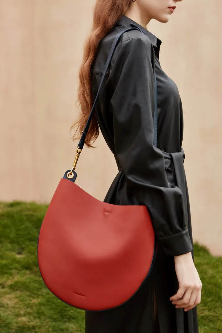 Cute Womens Black Leather Saddle Round Shoulder Bag Round Crossbody Purse for Women