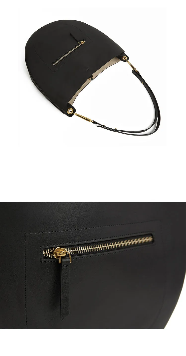 Cute Womens Black Leather Saddle Round Shoulder Bag Round Crossbody Purse for Women