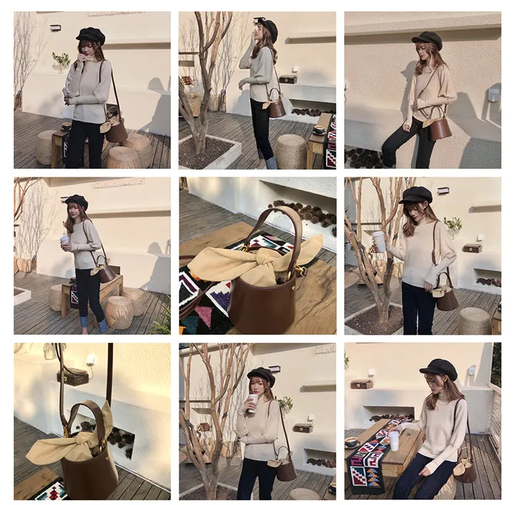 Cute Womens Black Round Leather Handbag Barrel Crossbody Purse Bucket Shoulder Bag for Women