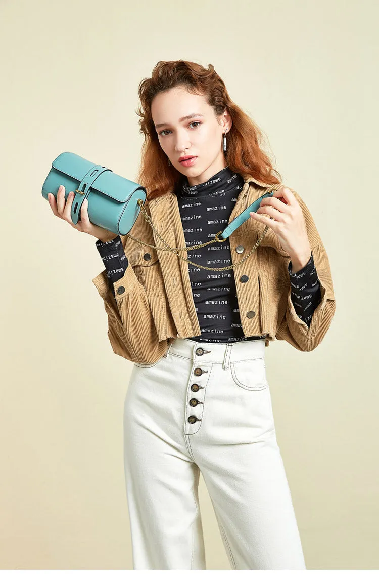 Cute Womens Blue Leather Barrel Crossbody Purse Bucket Round Chain Shoulder Bag for Women