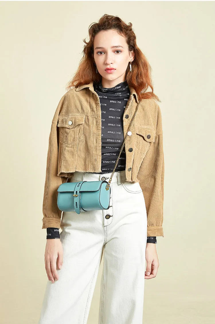 Cute Womens Blue Leather Barrel Crossbody Purse Bucket Round Chain Shoulder Bag for Women
