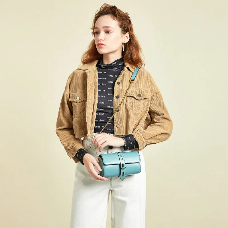 Cute Womens Blue Leather Barrel Crossbody Purse Bucket Round Chain Shoulder Bag for Women
