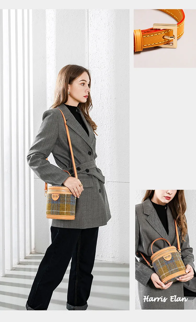Cute Womens Blue Leather Tweed Bucket Handbag Barrel Crossbody Purse Handmade Round Shoulder Bag for Women
