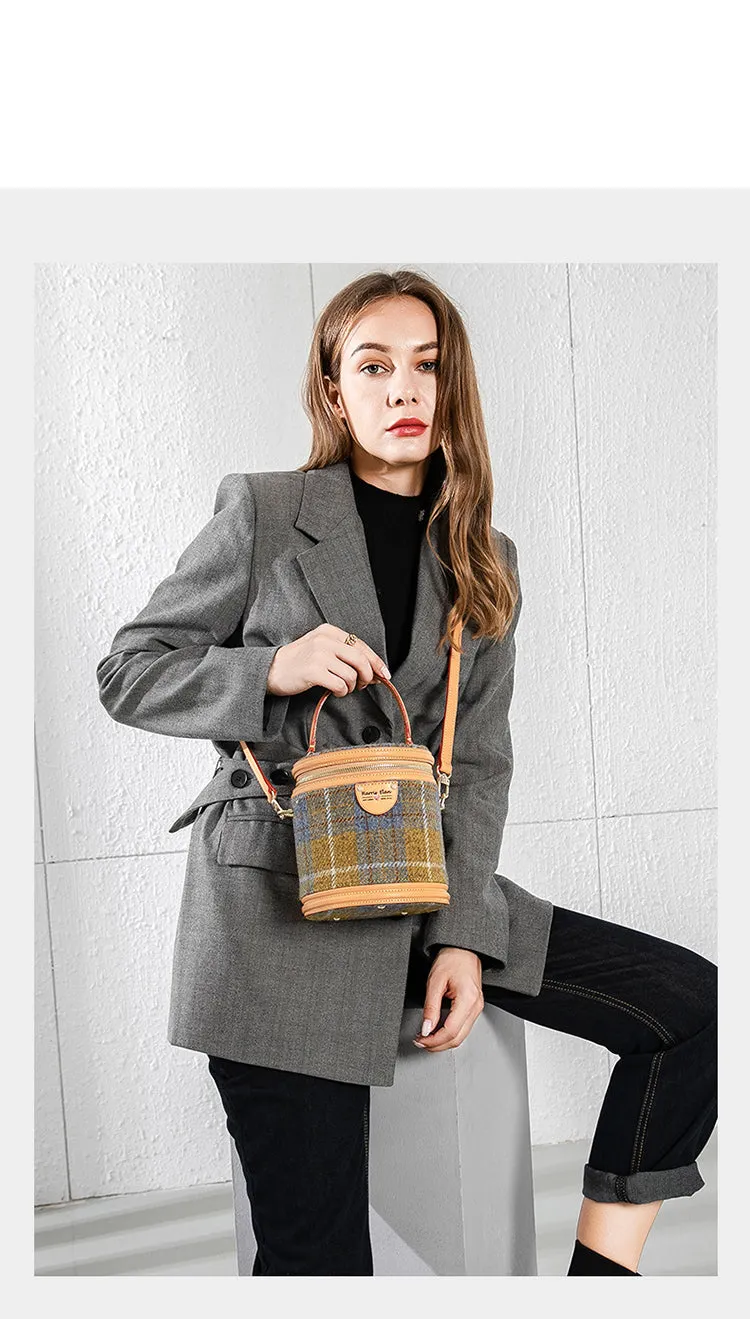 Cute Womens Blue Leather Tweed Bucket Handbag Barrel Crossbody Purse Handmade Round Shoulder Bag for Women