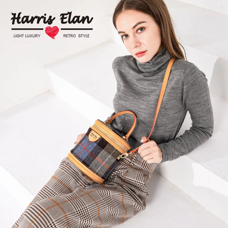 Cute Womens Blue Leather Tweed Bucket Handbag Barrel Crossbody Purse Handmade Round Shoulder Bag for Women