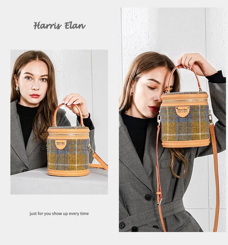 Cute Womens Blue Leather Tweed Bucket Handbag Barrel Crossbody Purse Handmade Round Shoulder Bag for Women