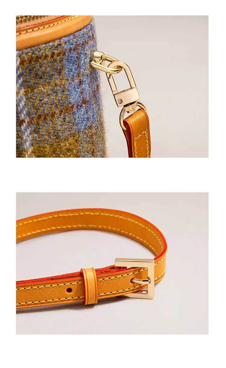 Cute Womens Blue Leather Tweed Bucket Handbag Barrel Crossbody Purse Handmade Round Shoulder Bag for Women