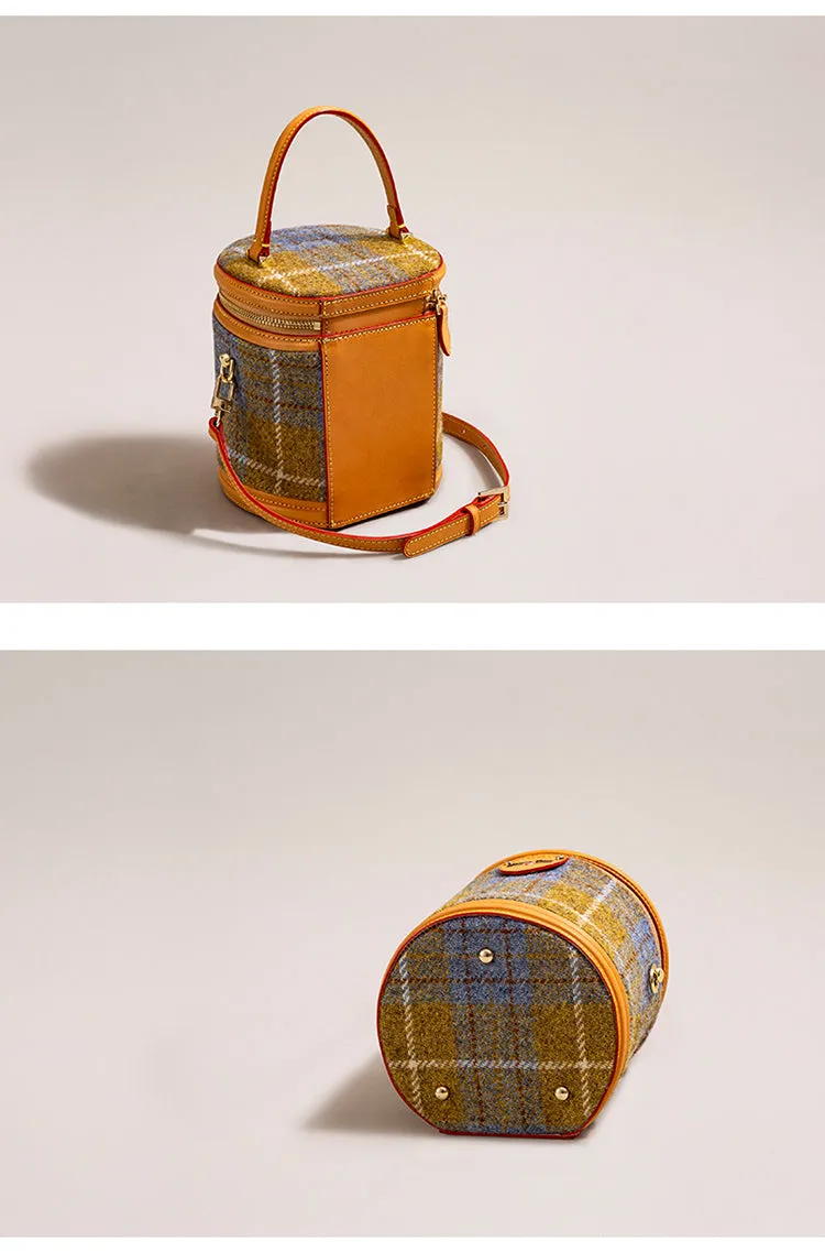 Cute Womens Blue Leather Tweed Bucket Handbag Barrel Crossbody Purse Handmade Round Shoulder Bag for Women