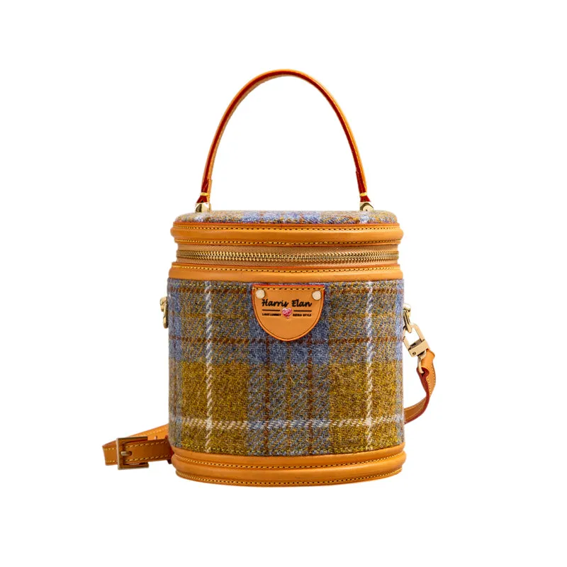 Cute Womens Blue Leather Tweed Bucket Handbag Barrel Crossbody Purse Handmade Round Shoulder Bag for Women