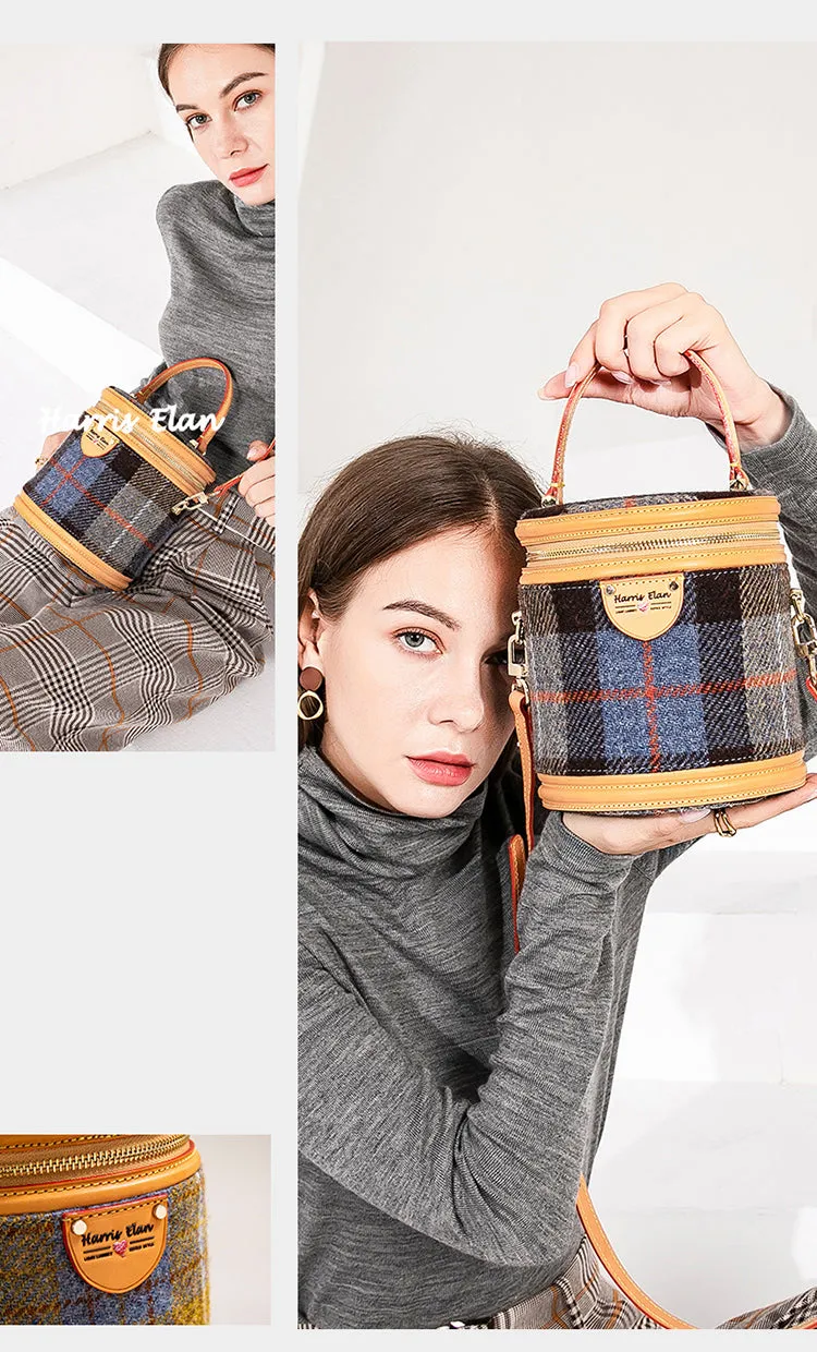 Cute Womens Blue Leather Tweed Bucket Handbag Barrel Crossbody Purse Handmade Round Shoulder Bag for Women