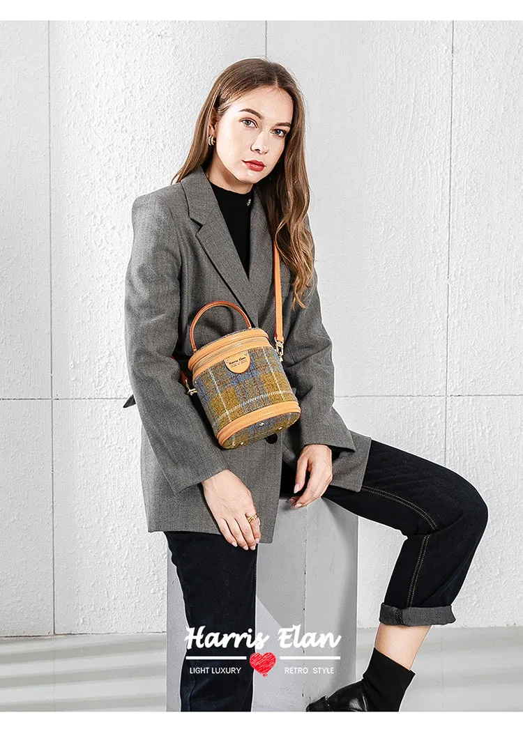Cute Womens Blue Leather Tweed Bucket Handbag Barrel Crossbody Purse Handmade Round Shoulder Bag for Women