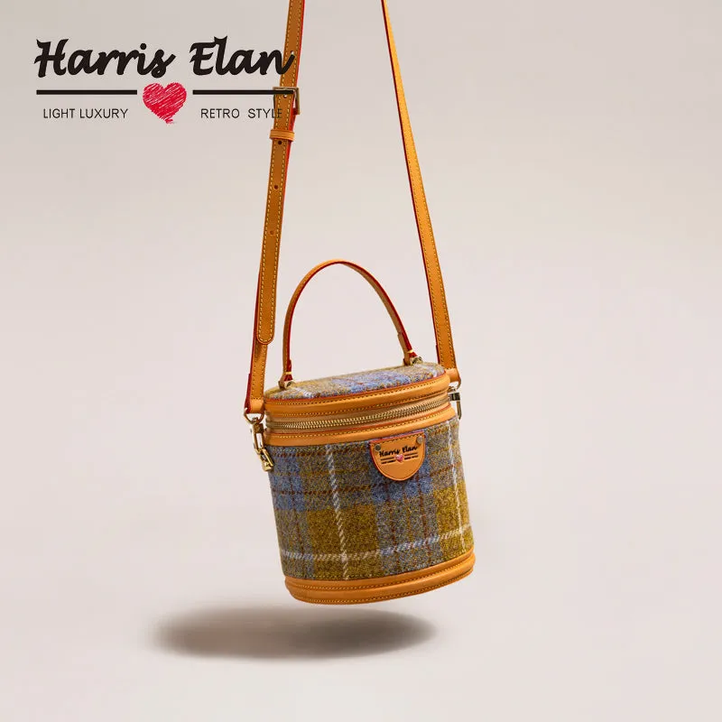 Cute Womens Blue Leather Tweed Bucket Handbag Barrel Crossbody Purse Handmade Round Shoulder Bag for Women