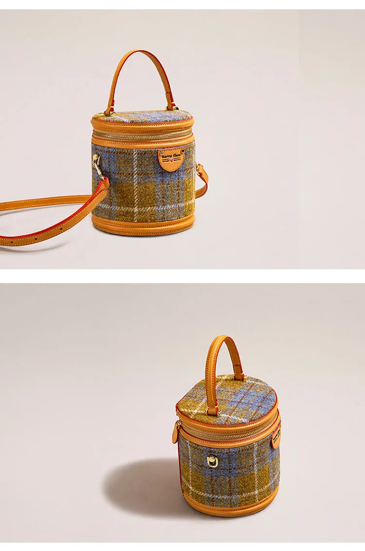 Cute Womens Blue Leather Tweed Bucket Handbag Barrel Crossbody Purse Handmade Round Shoulder Bag for Women