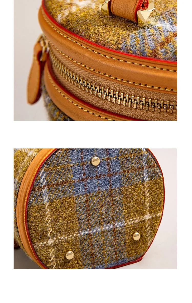 Cute Womens Blue Leather Tweed Bucket Handbag Barrel Crossbody Purse Handmade Round Shoulder Bag for Women