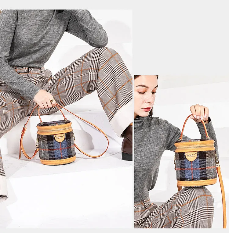Cute Womens Blue Leather Tweed Bucket Handbag Barrel Crossbody Purse Handmade Round Shoulder Bag for Women