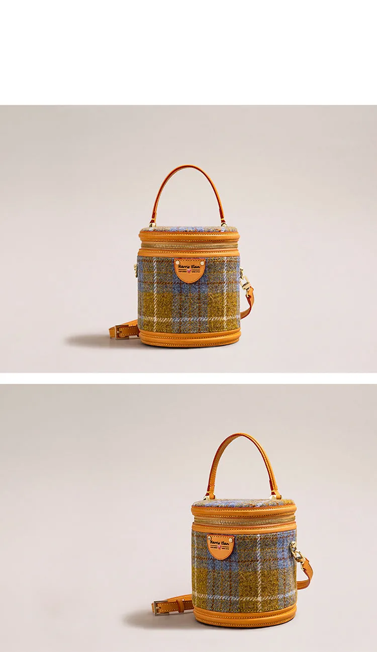 Cute Womens Blue Leather Tweed Bucket Handbag Barrel Crossbody Purse Handmade Round Shoulder Bag for Women