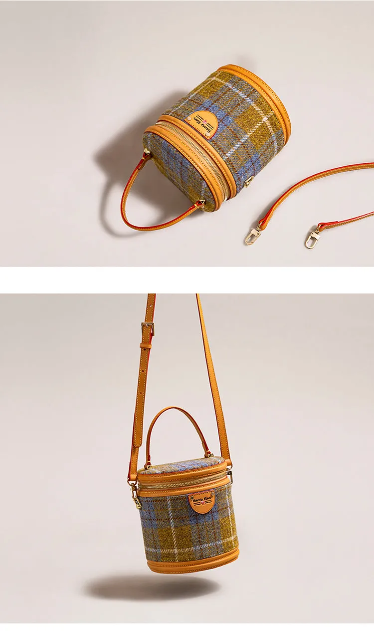 Cute Womens Blue Leather Tweed Bucket Handbag Barrel Crossbody Purse Handmade Round Shoulder Bag for Women