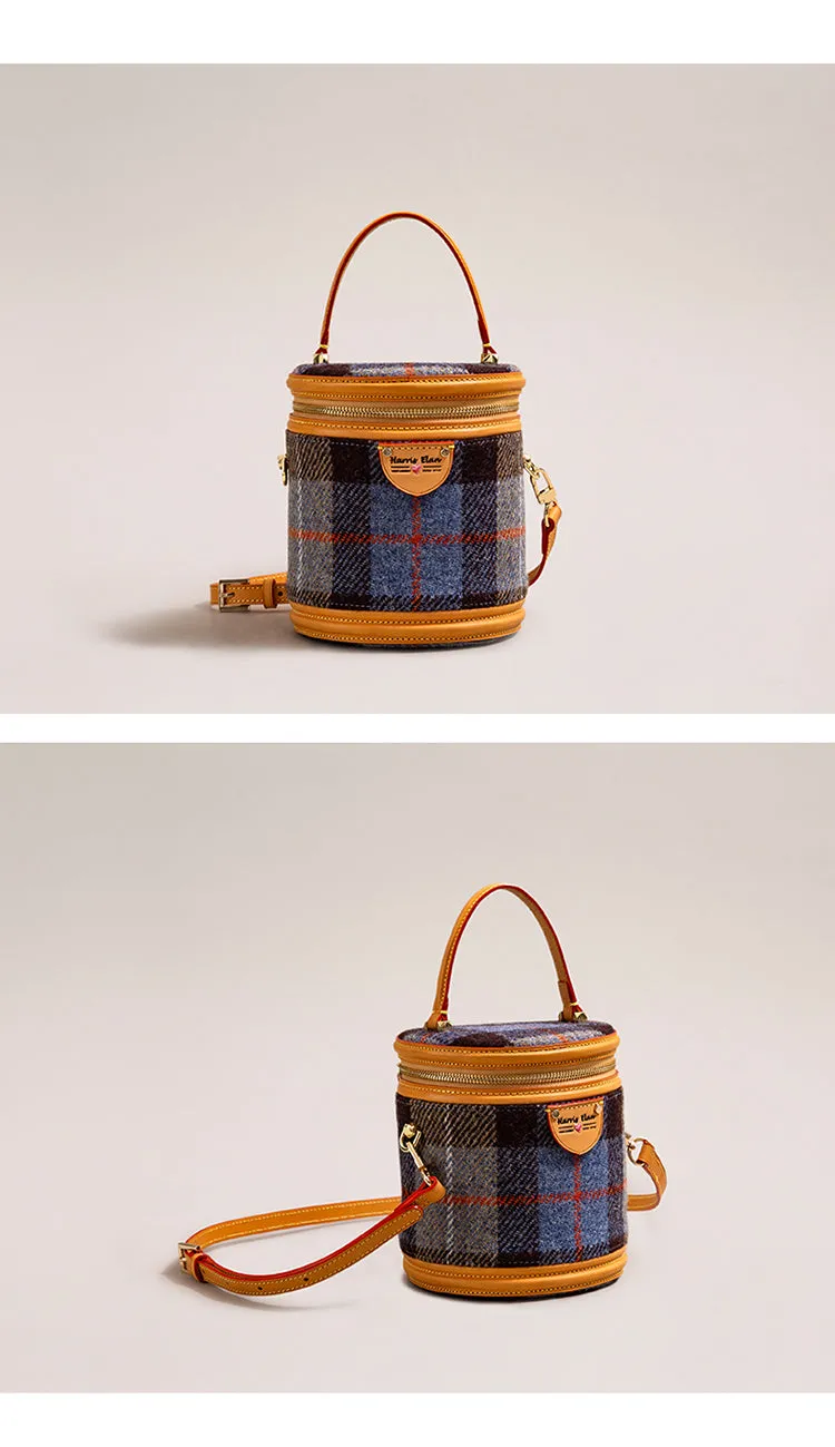 Cute Womens Blue Leather Tweed Bucket Handbag Barrel Crossbody Purse Handmade Round Shoulder Bag for Women