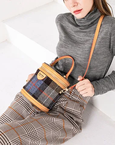 Cute Womens Blue Leather Tweed Bucket Handbag Barrel Crossbody Purse Handmade Round Shoulder Bag for Women