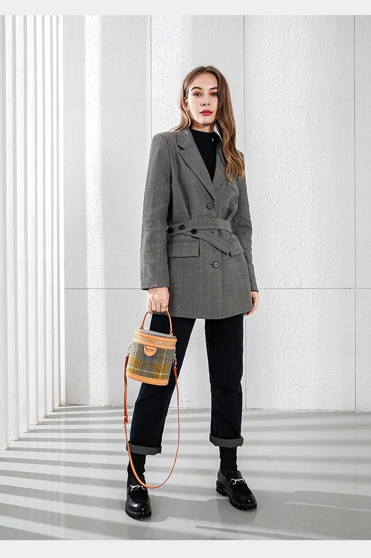 Cute Womens Blue Leather Tweed Bucket Handbag Barrel Crossbody Purse Handmade Round Shoulder Bag for Women