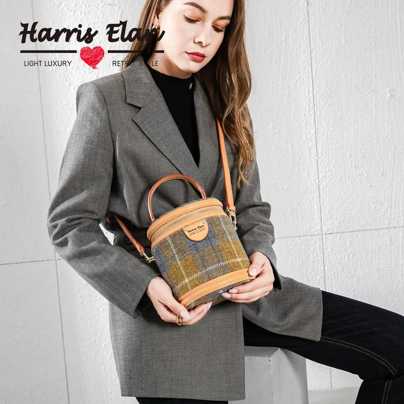 Cute Womens Blue Leather Tweed Bucket Handbag Barrel Crossbody Purse Handmade Round Shoulder Bag for Women